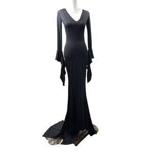 Cosplay.fm Gothic Mermaid Maxi Dress Size S Train Black Lace Trim Bell Sleeve